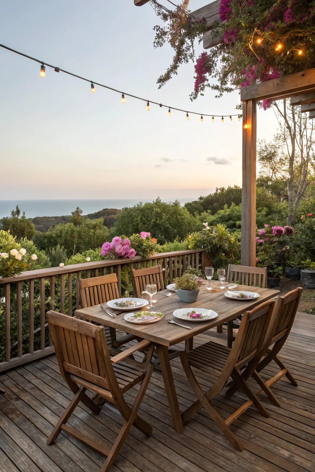 An alluring dining vicinity on a deck, primed for a delightful meal outdoors.