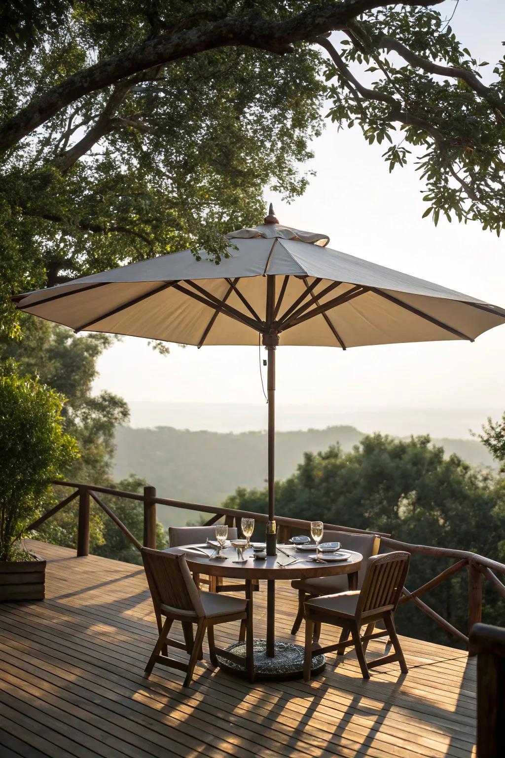 Umbrellas provide adjustable shade and are a classic deck staple.