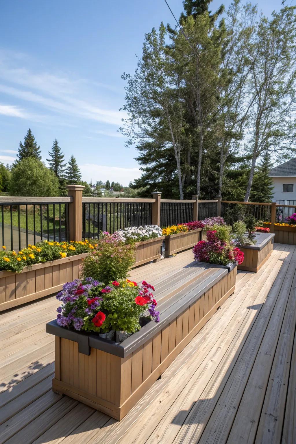 Built-in planters on benches bring nature right to your deck.