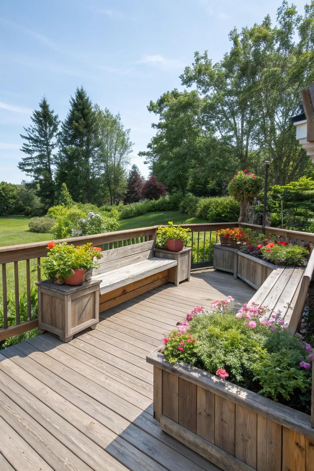 An inviting wraparound bench enhanced by greenery.