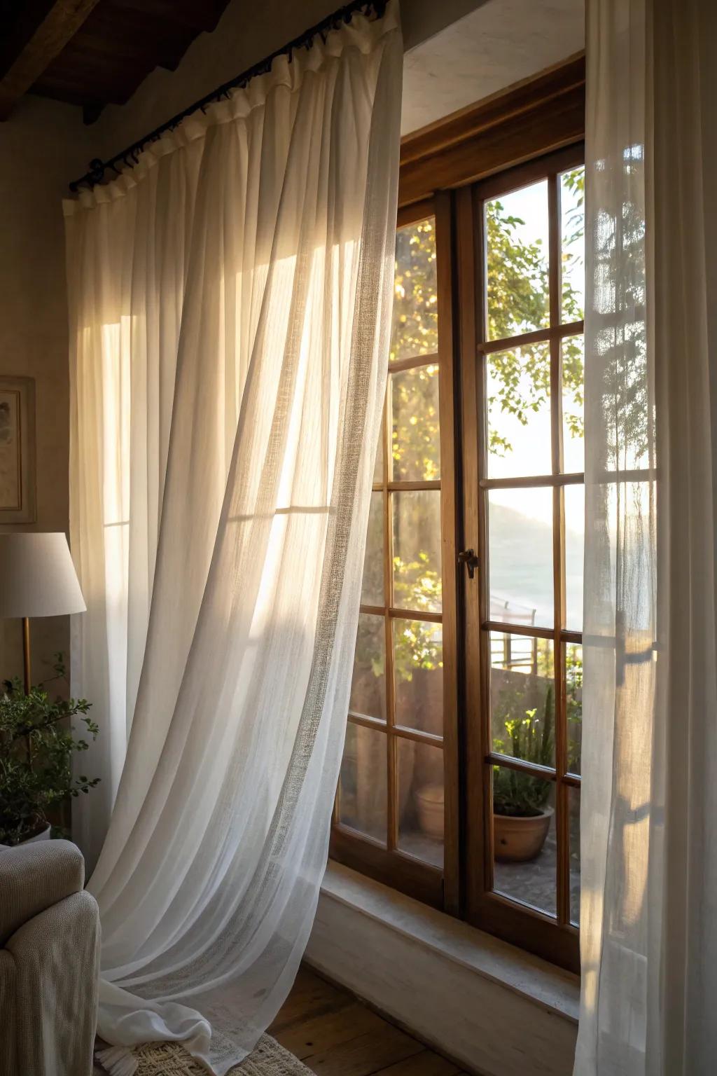Sheer curtains provide privacy while maintaining a bright and airy ambiance.