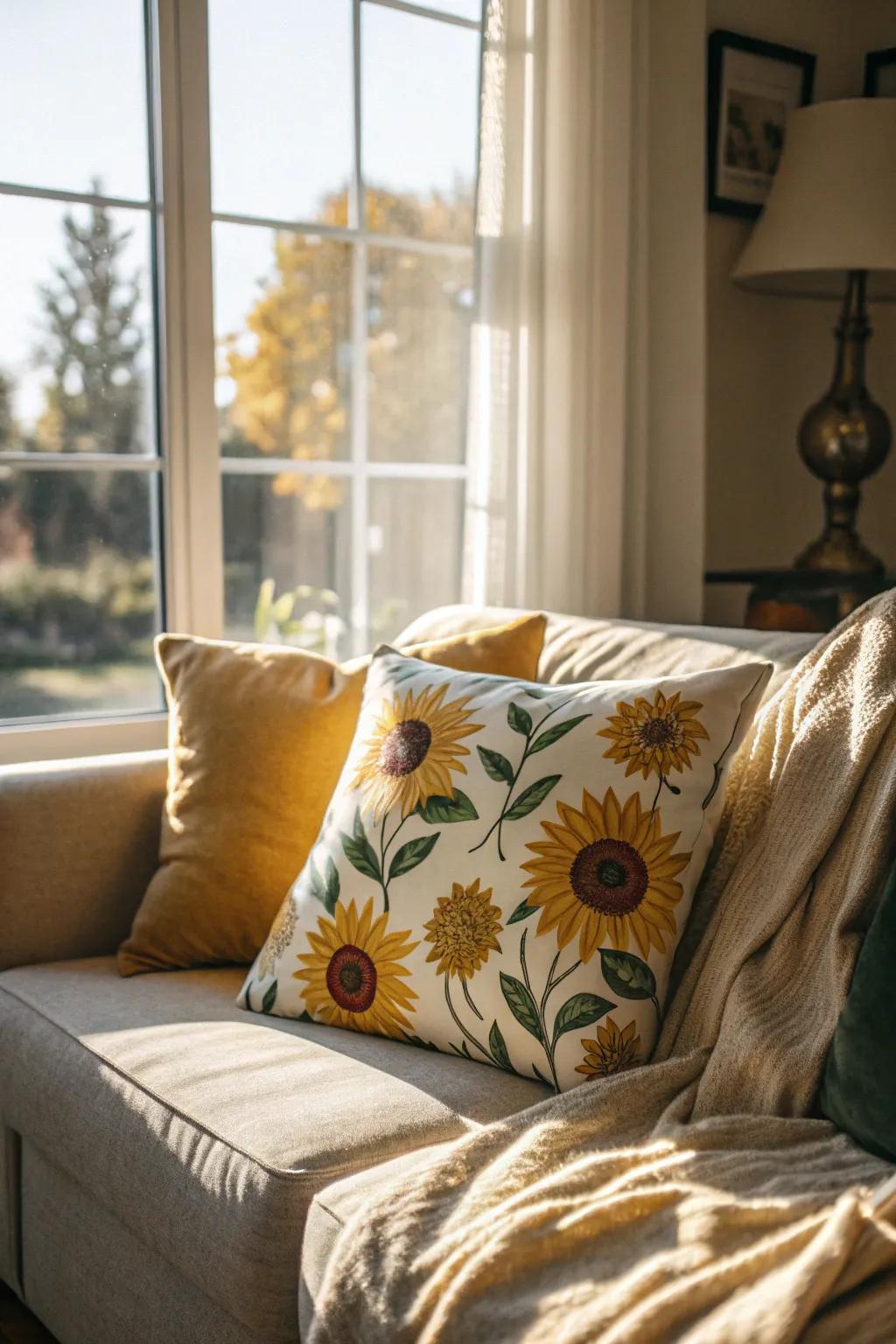 Cushions adorned with sunflower patterns infuse warmth and pigment into your seating arrangement.