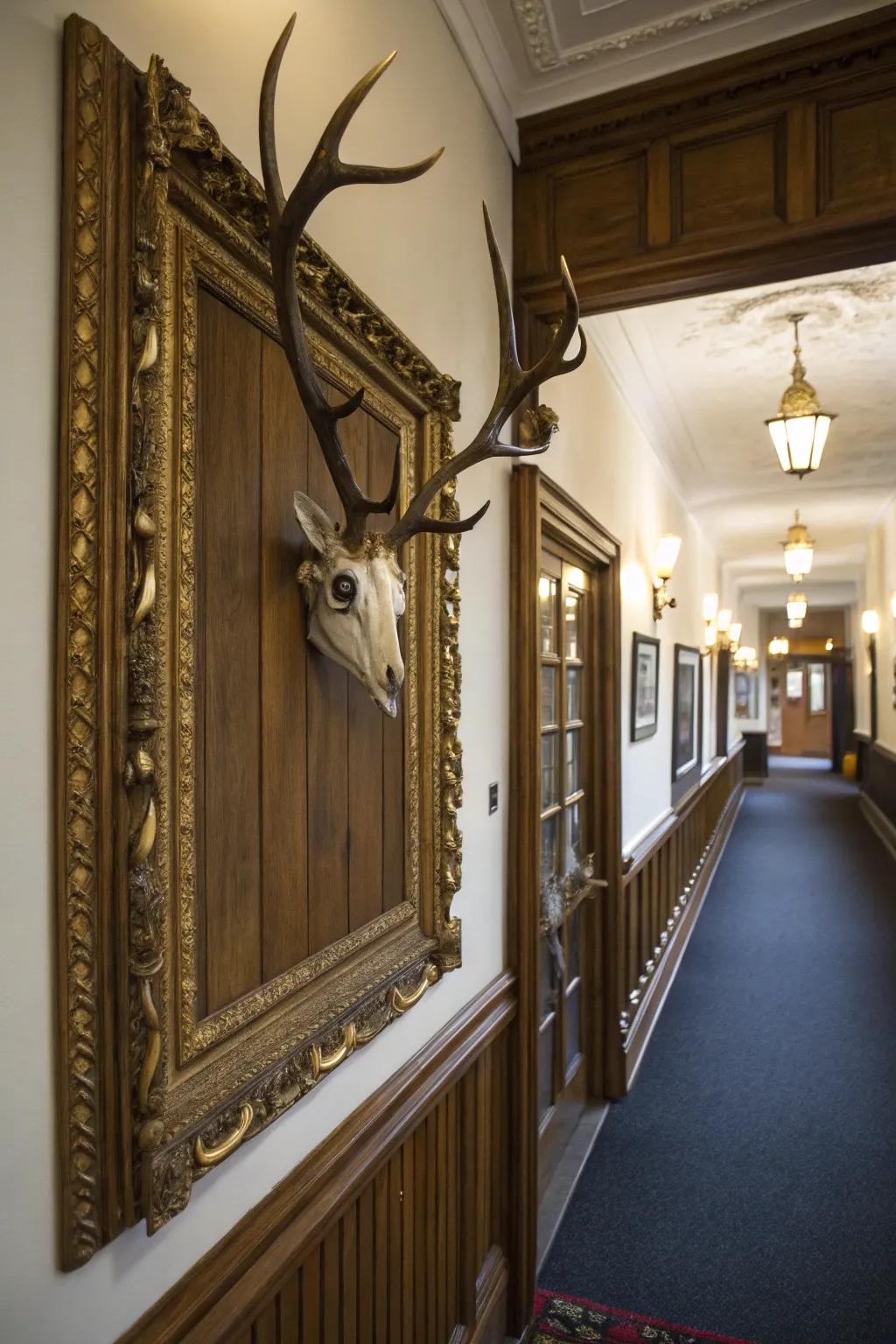 An antique framework adds vintage refinement to a deer skull display.