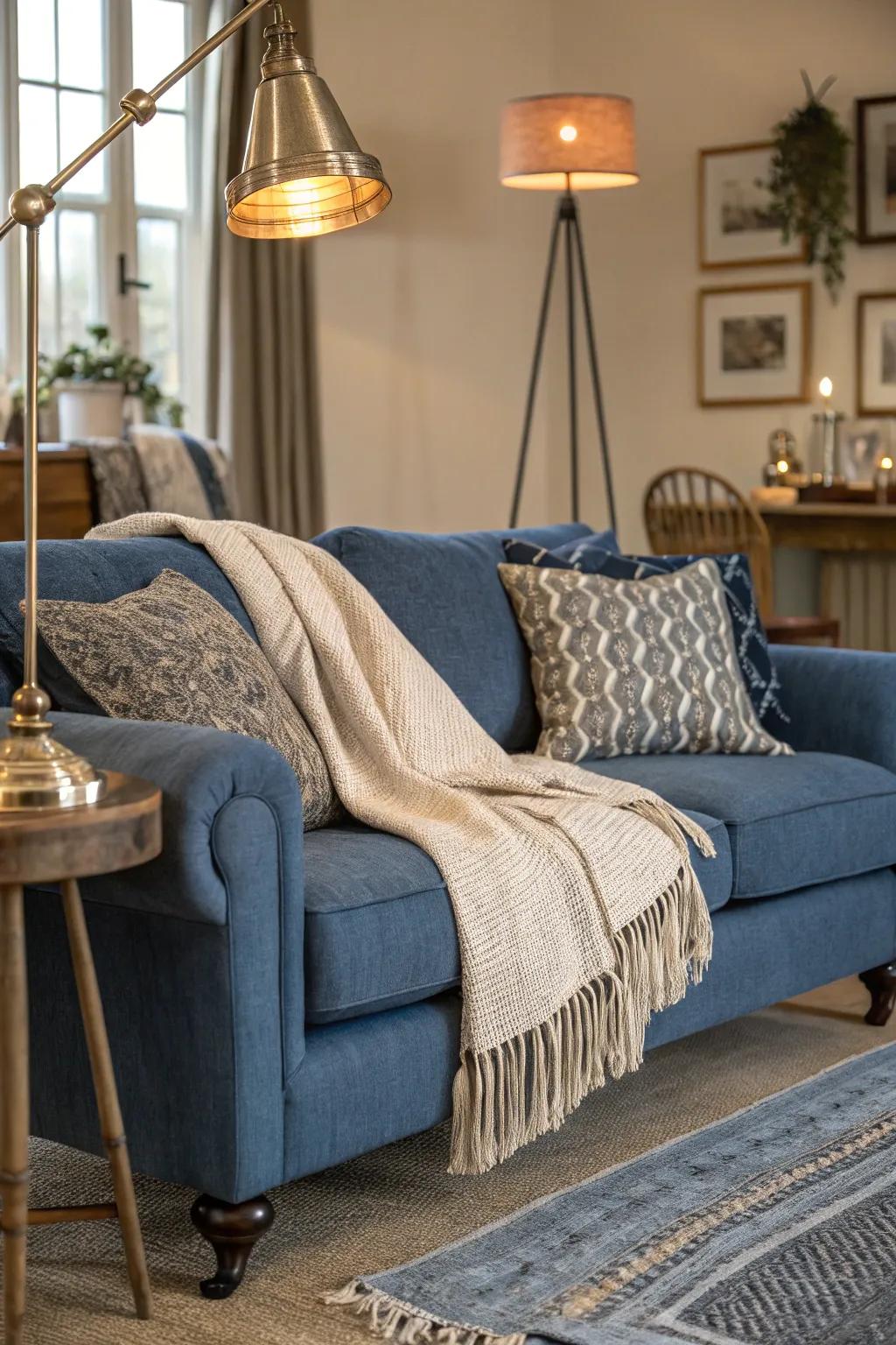 An array of textures boosts the palpable allure of a cerulean couch.