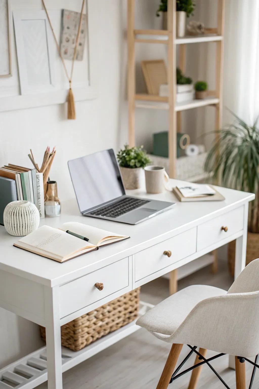 A crisp white desk provides a fresh, clean start to your day.