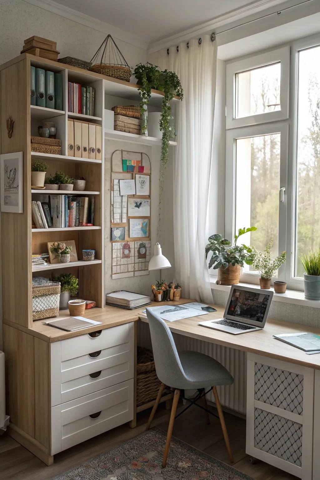 Integrated storage maintains an organized and clutter-free workspace.