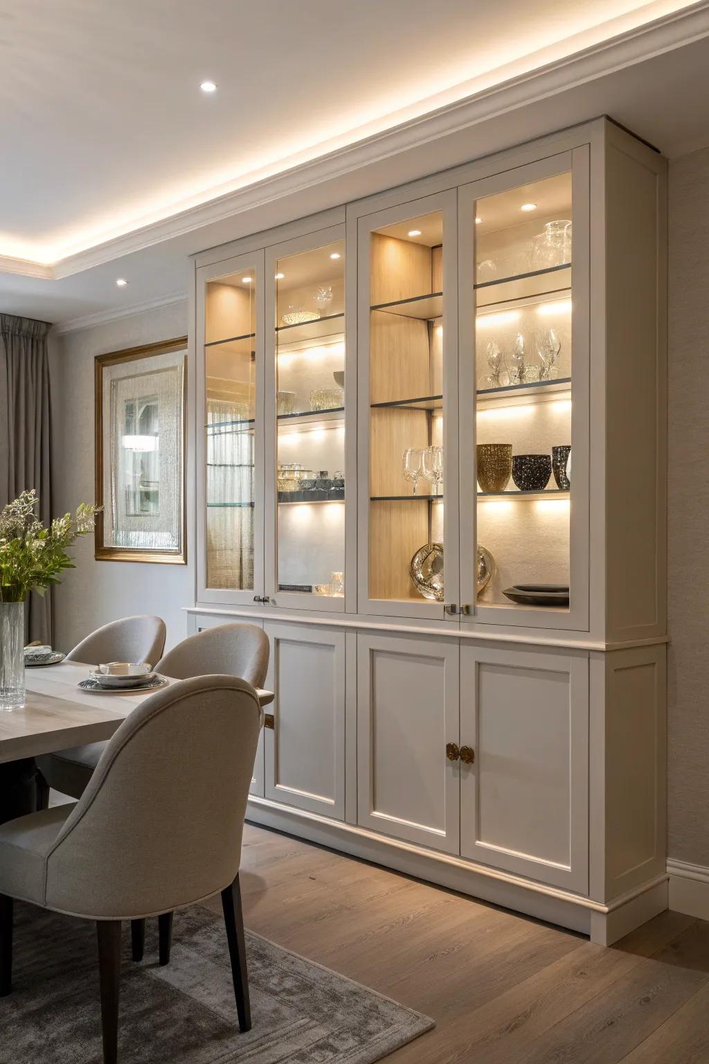 Bespoke built-in cabinets establish a sophisticated and personalized ambiance in the dining area.