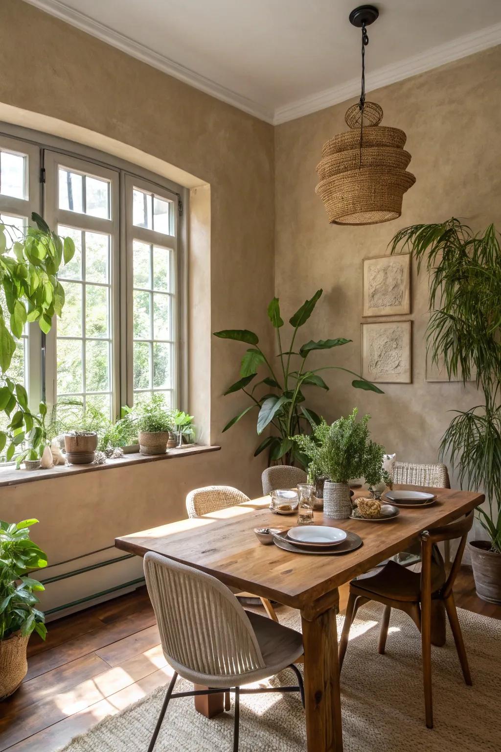A dining space filled with warmth from natural neutral tones.