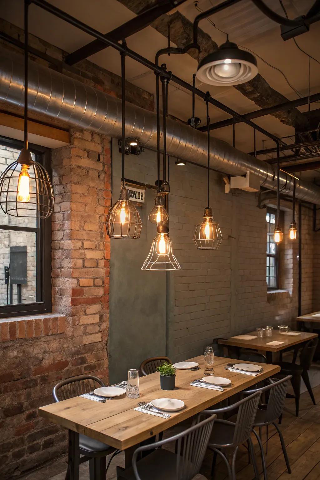 Industrial lighting delivers a raw, urban edge to this dining space.