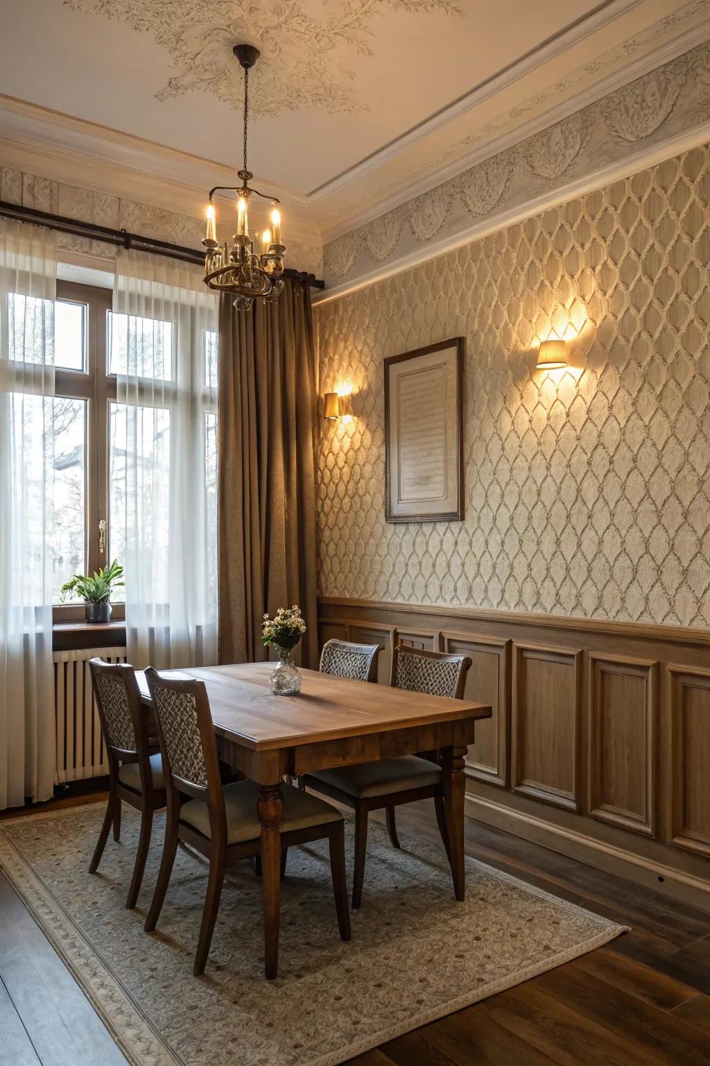 Textured wainscoting enhances the dining room with depth and refinement.