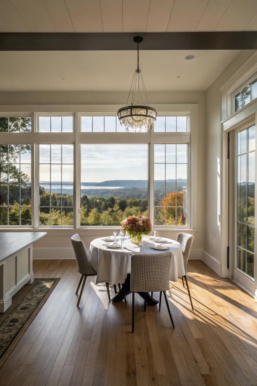 Framed windows capture beautiful outdoor scenes, enhancing the dining ambiance.