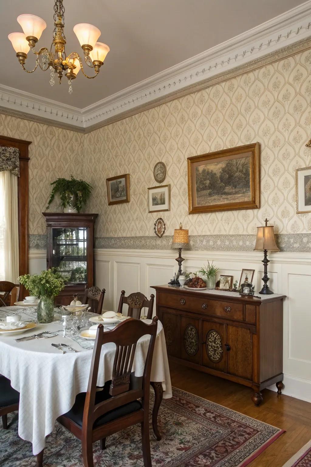 Wall adornments above the chair rail introduce depth and fascination.
