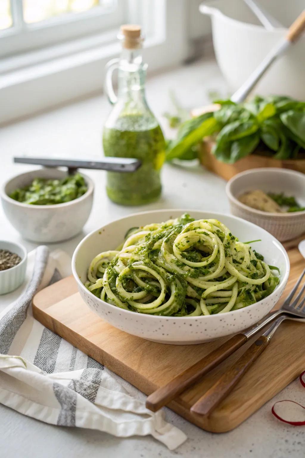 Zucchini ribbons with fresh verdant sauce, a healthful pasta variation.