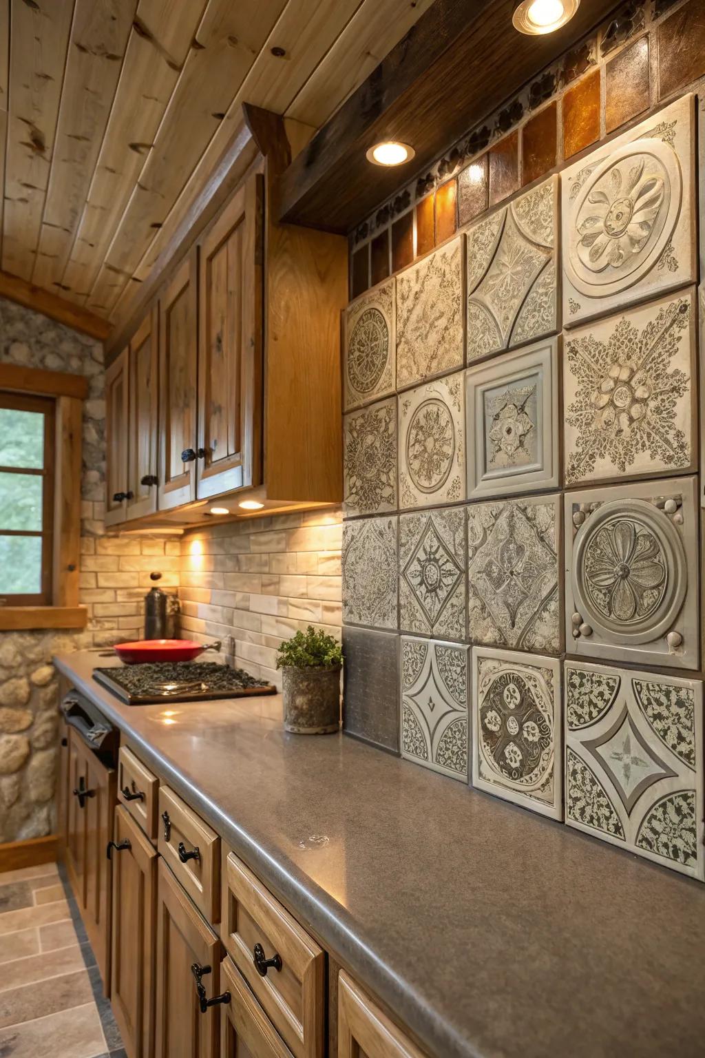 Reclaimed metal sheeting infuses a vintage allure to any kitchen.