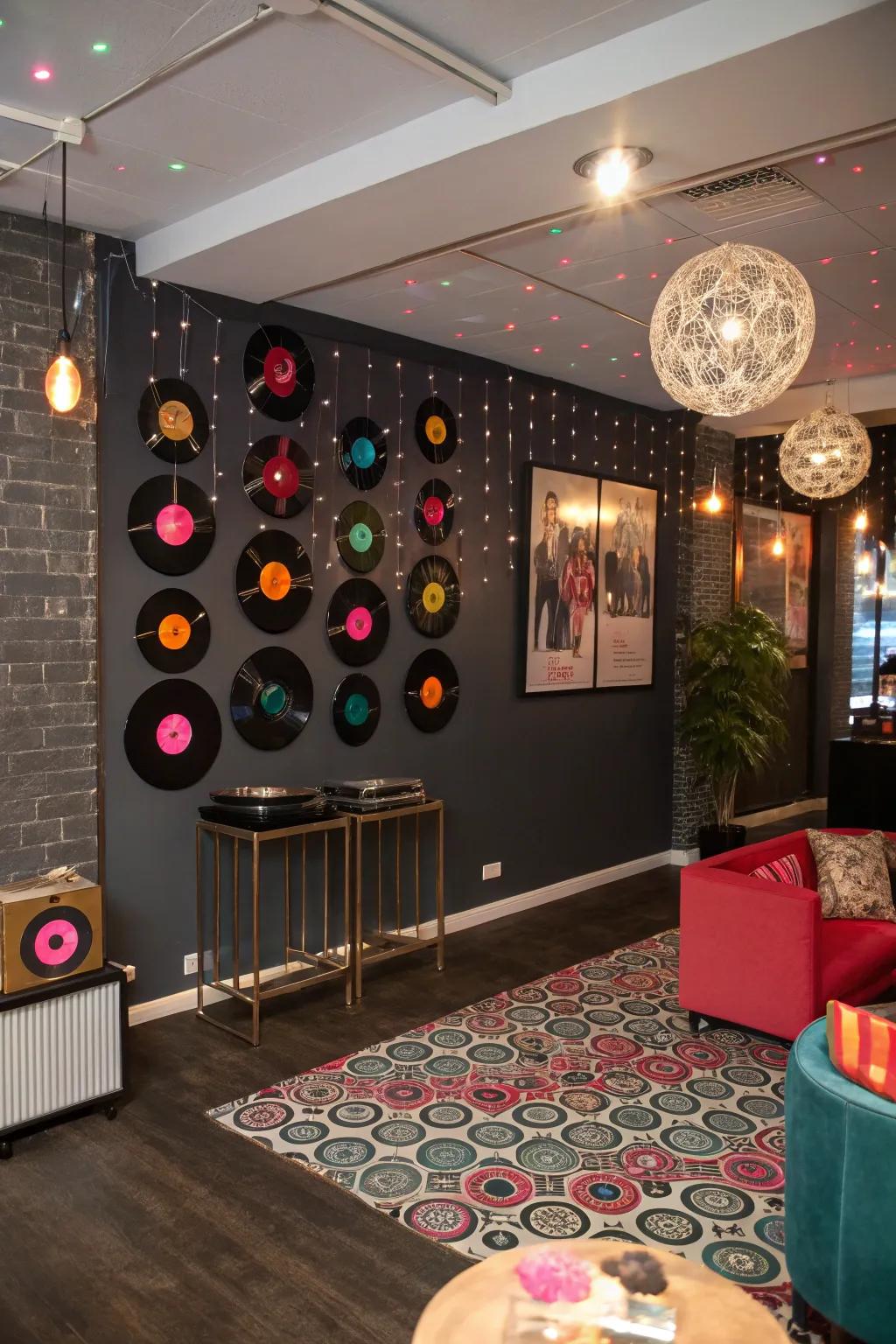 Discs imbue a retro charm to the disco celebration ornamentation.