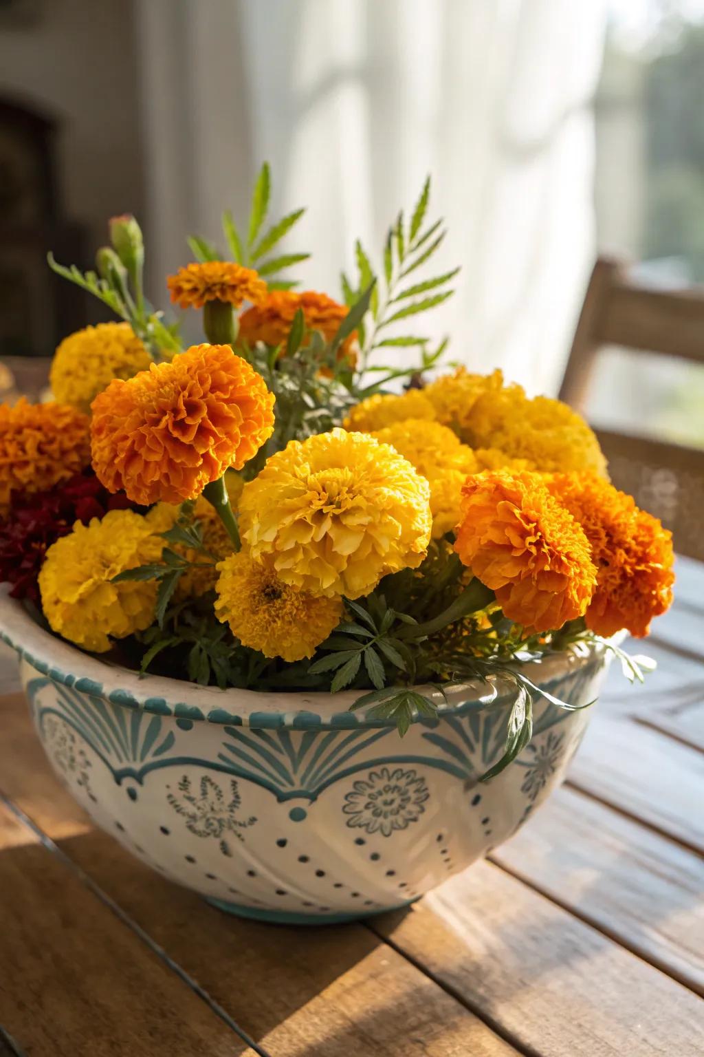 Marigold arrangements introduce a natural and fragrant accent.