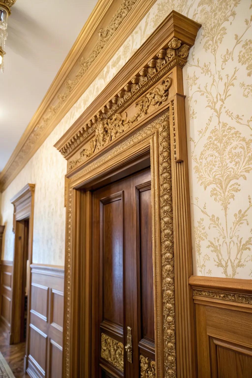 Intricate mouldings on door trim impart vintage charm to a classic interior.