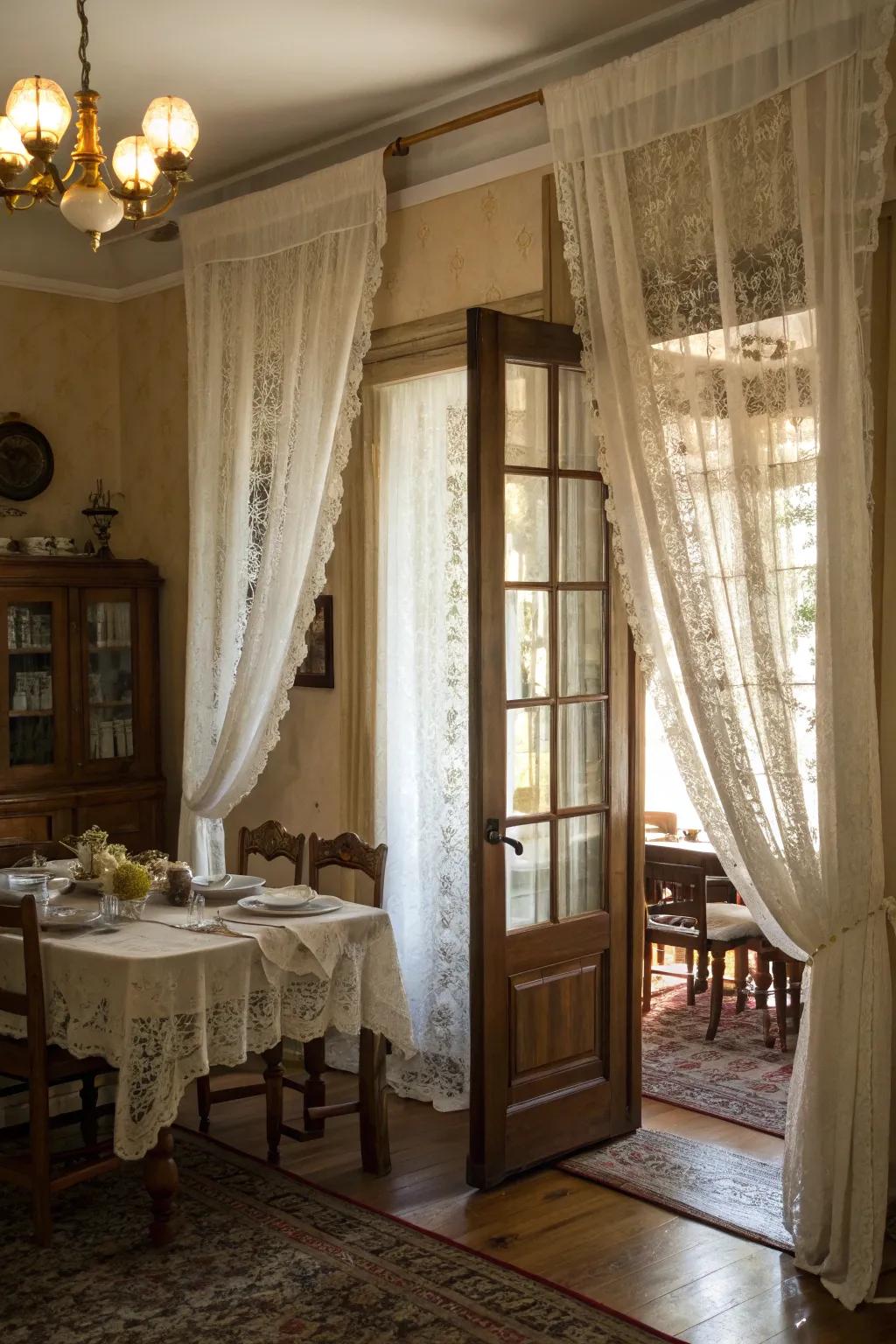 Delicate netting coverings impart enduring elegance to dining spaces.