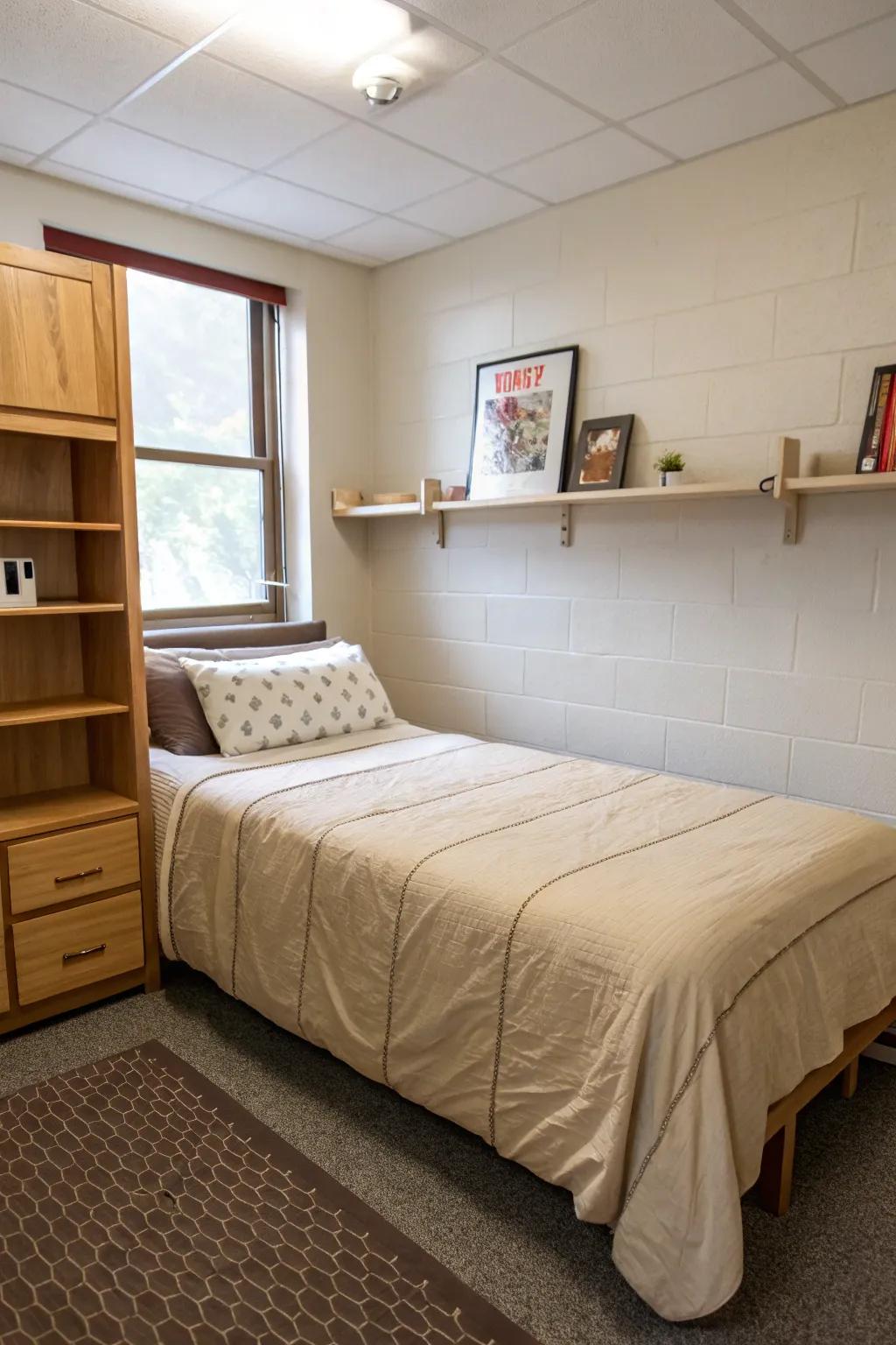 A university residence bed with minimalist, neutral bedding for a sophisticated look.