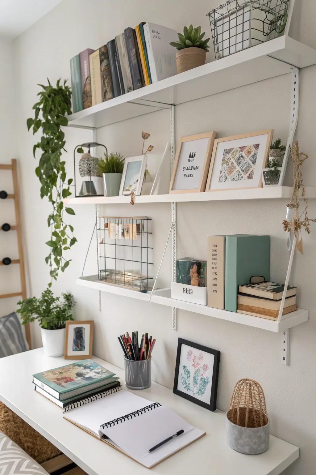 Wall storage keeps basics helpful and floors neat.