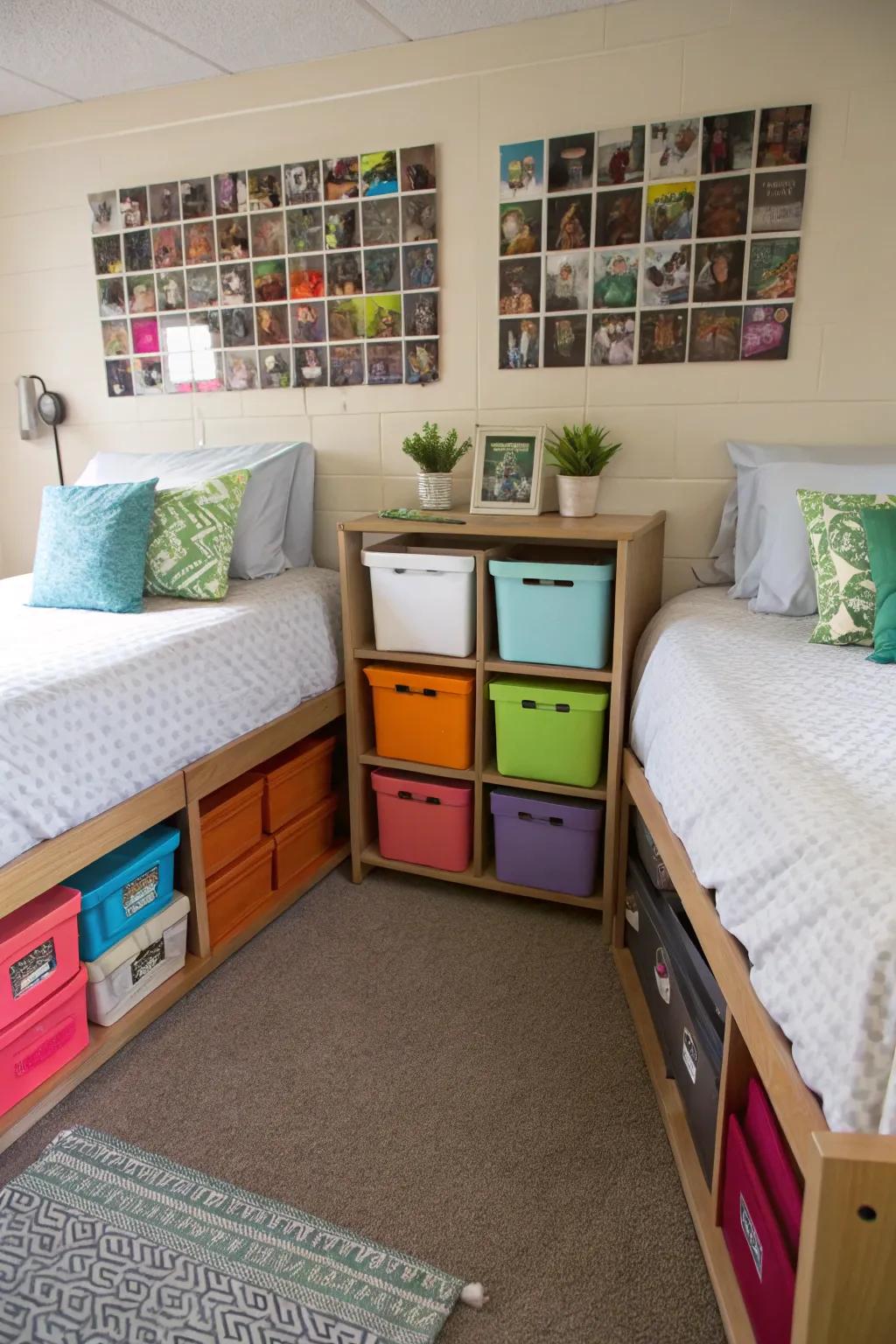 Under-bed storage keeps essentials accessible but discreet.
