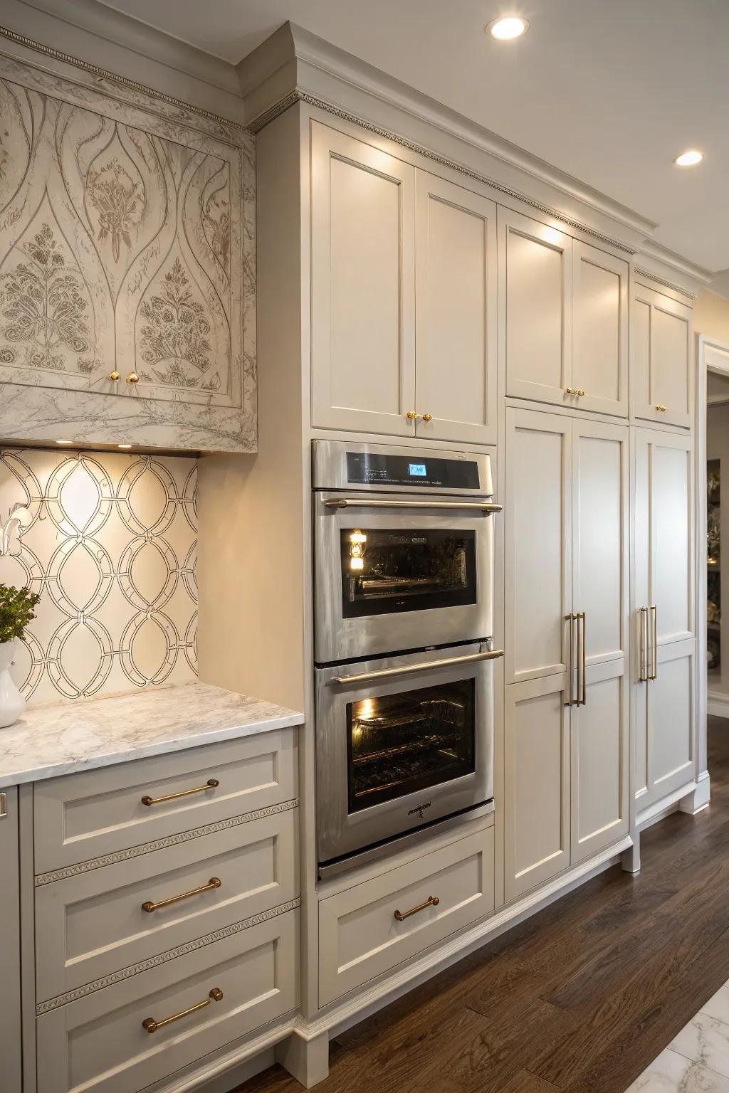 A discreetly placed dual oven that integrates effortlessly with the surrounding cabinet design.
