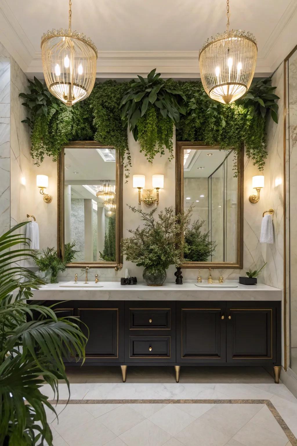 Artistic additions like flora enliven this double vanity.