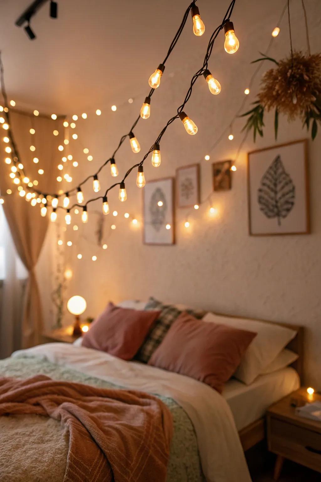 Fairy lights impart a dreamy luminance to your spectacular bedroom.