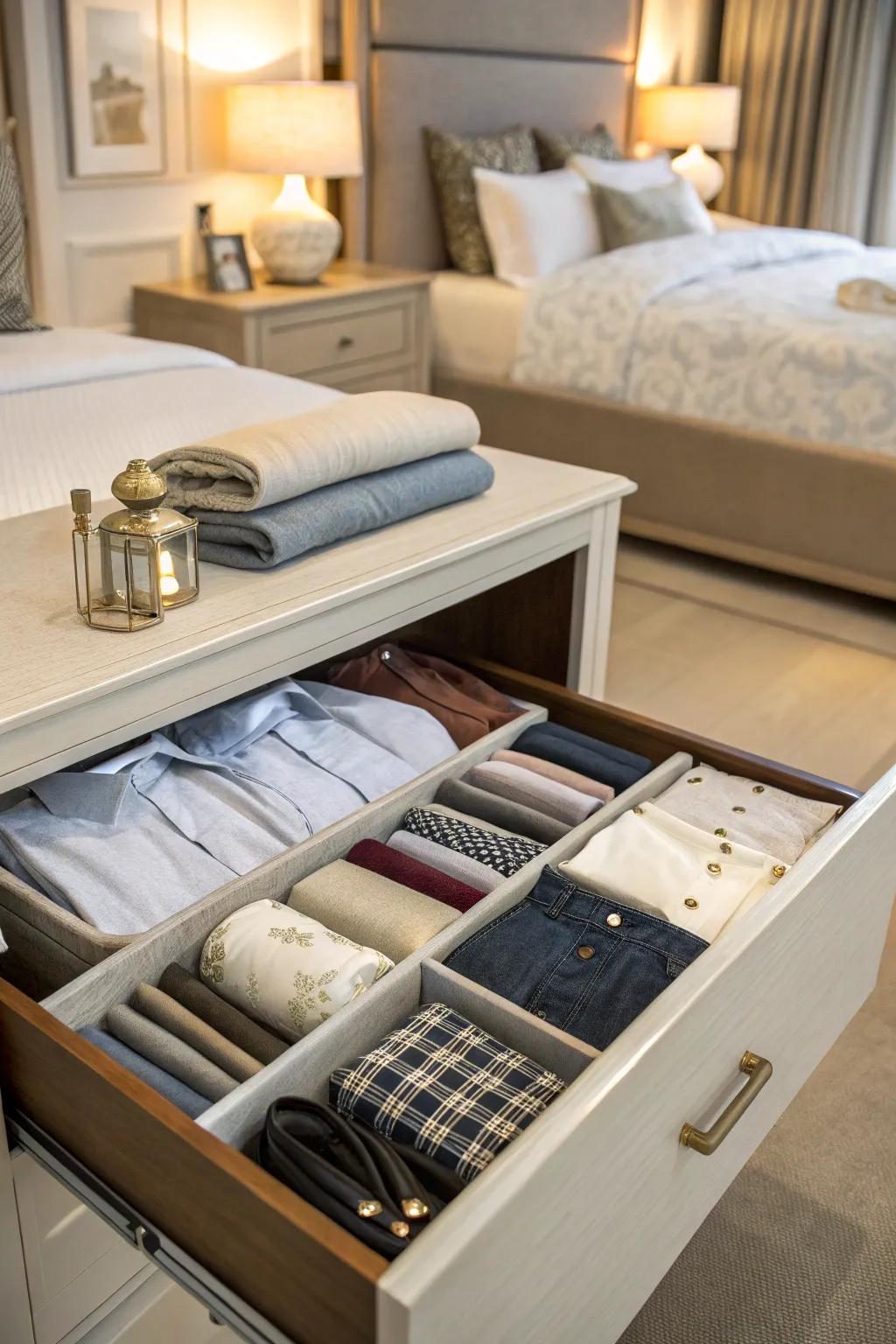 Precisely folded garments for maximum area.
