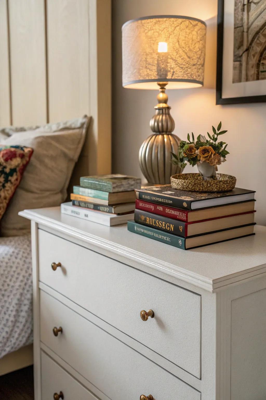 Literary volumes introduce stratum and captivation to your dresser.