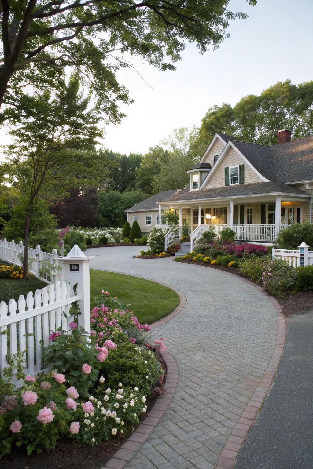 A charming semi-circular driveway with decorative garden accents.