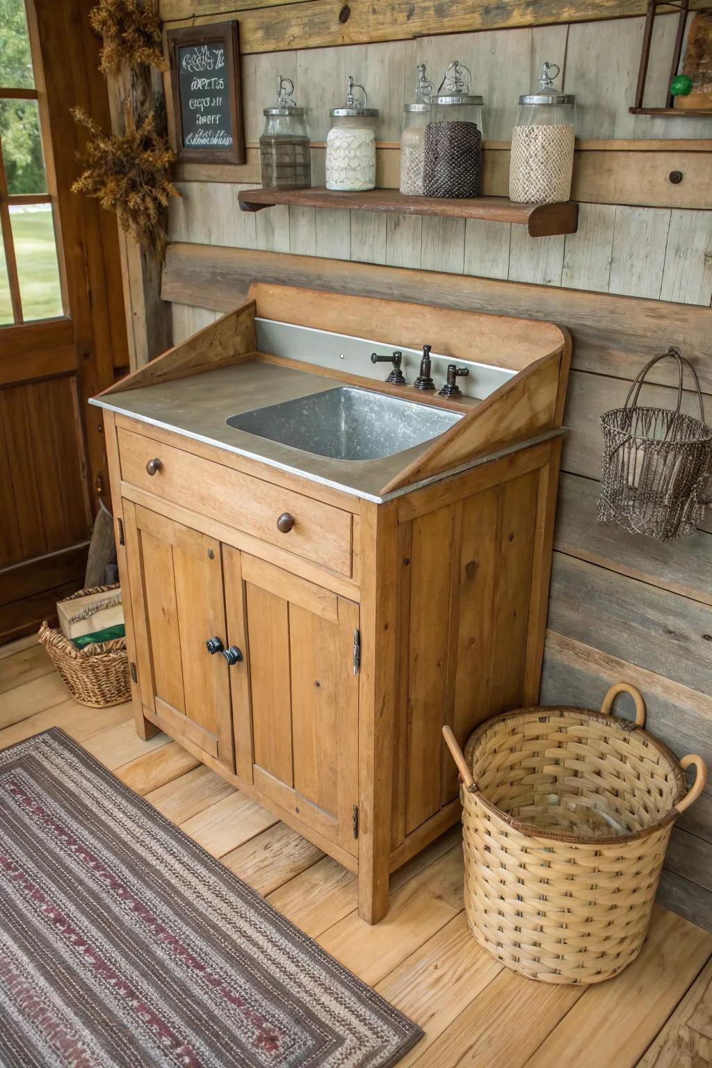 The use of different materials crafts a modern rustic appearance for this washstand.