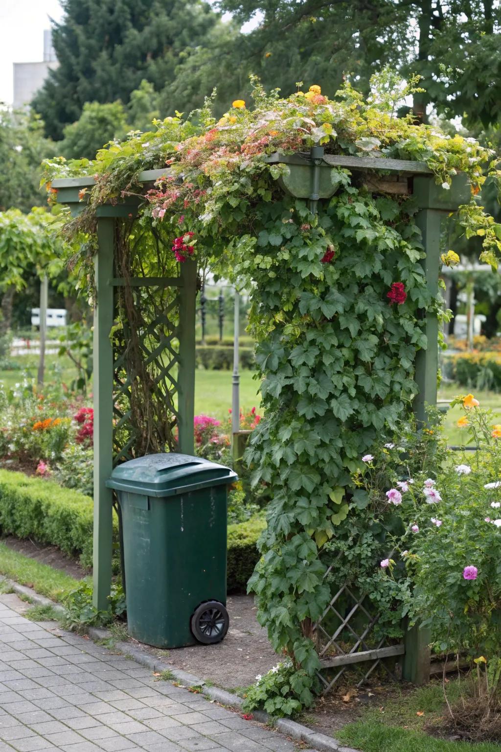 A garden trellis adorned with climbing flora gracefully conceals refuse containers.