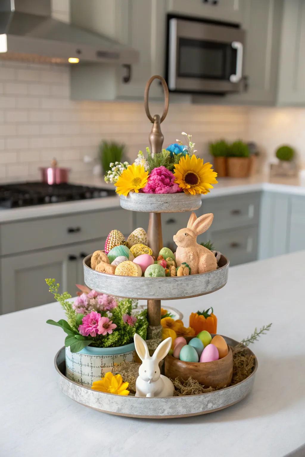 Staged stands elegantly present small Easter decor items.