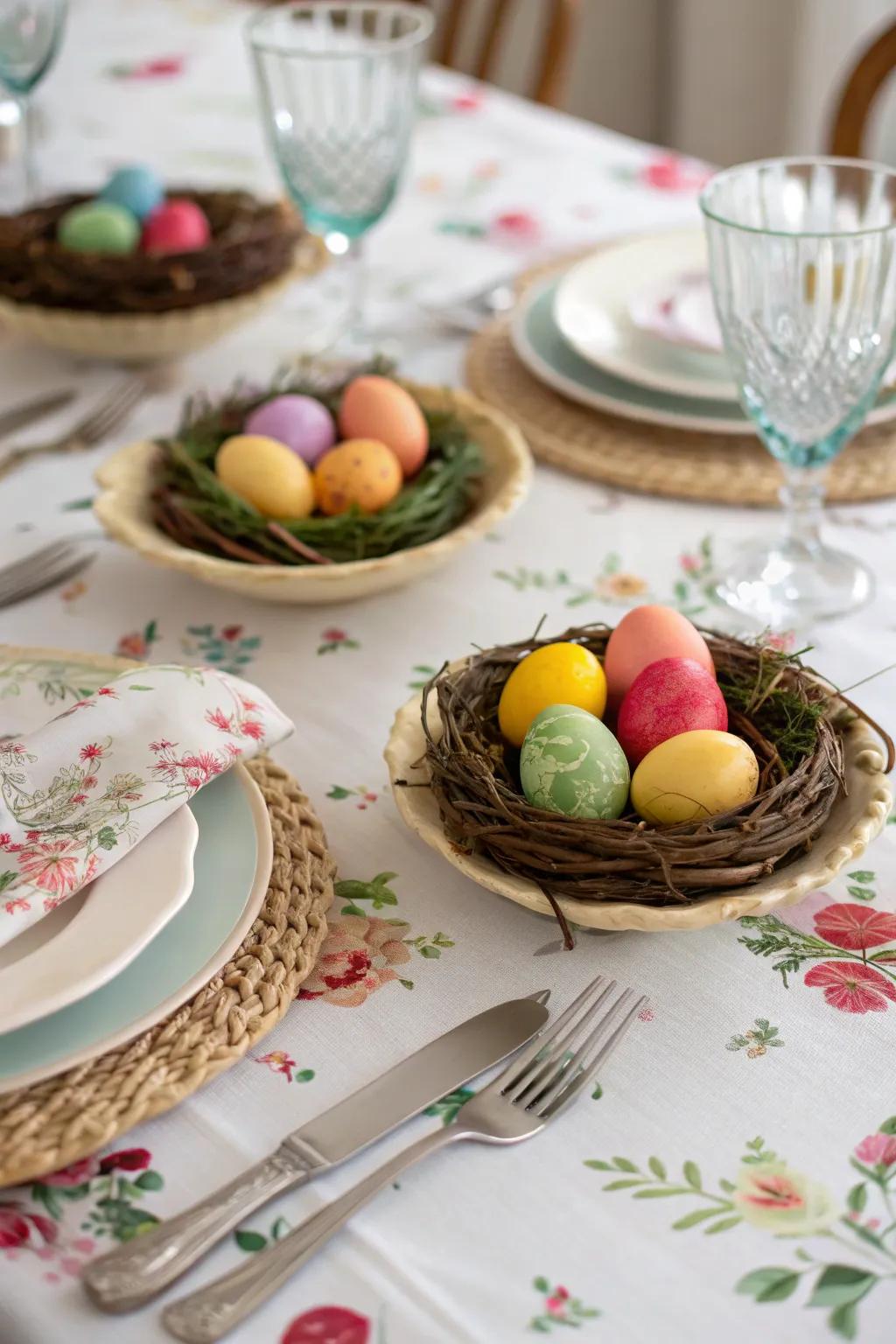 Ornamental nests adorned with painted eggs construct a festive focal installation.