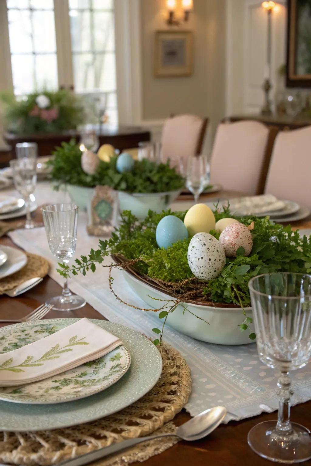 Ornamental eggs nestled in greenery create a captivating display.