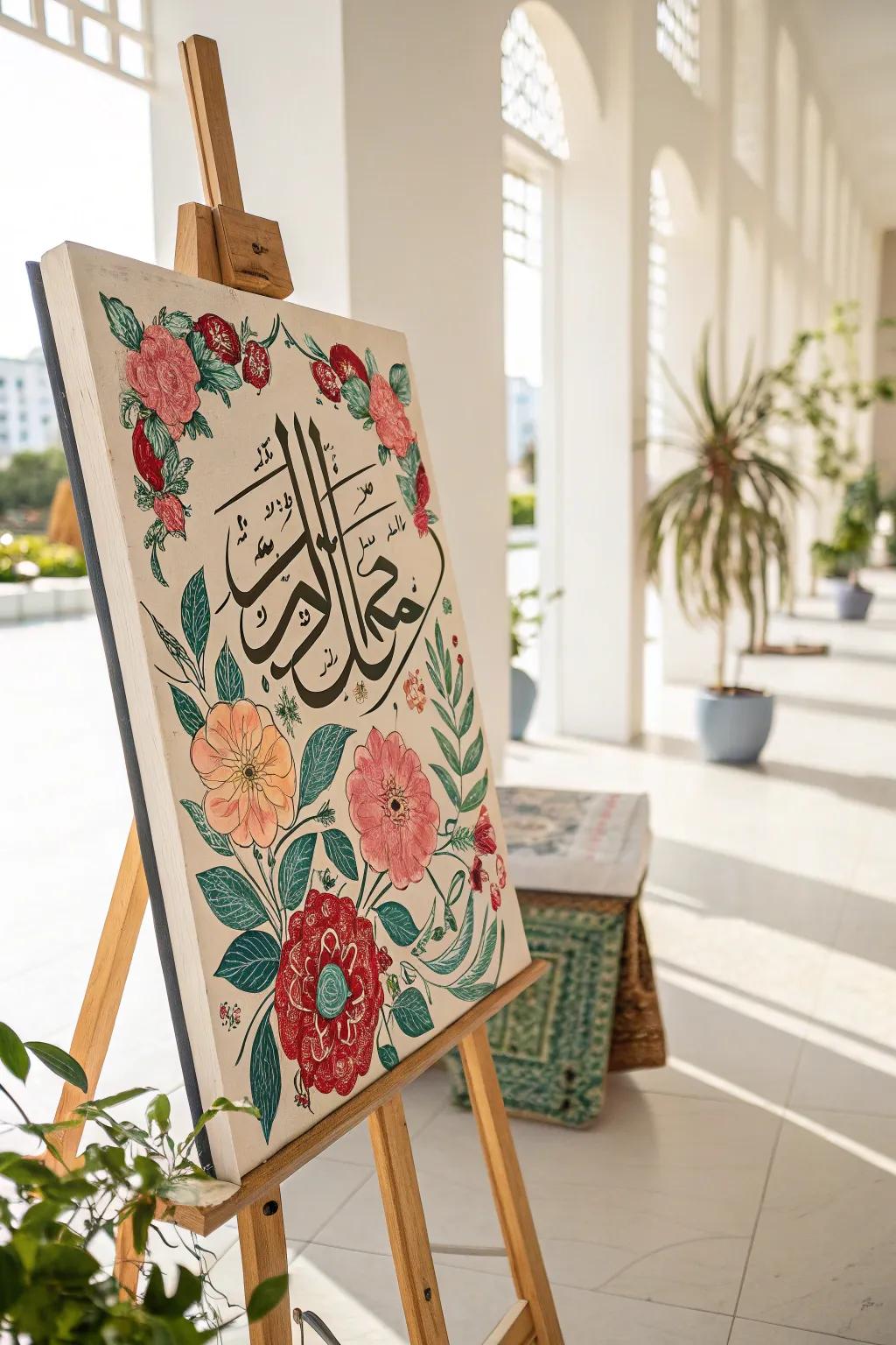 Floral patterns paired with Arabic script infuse a lively and natural atmosphere.