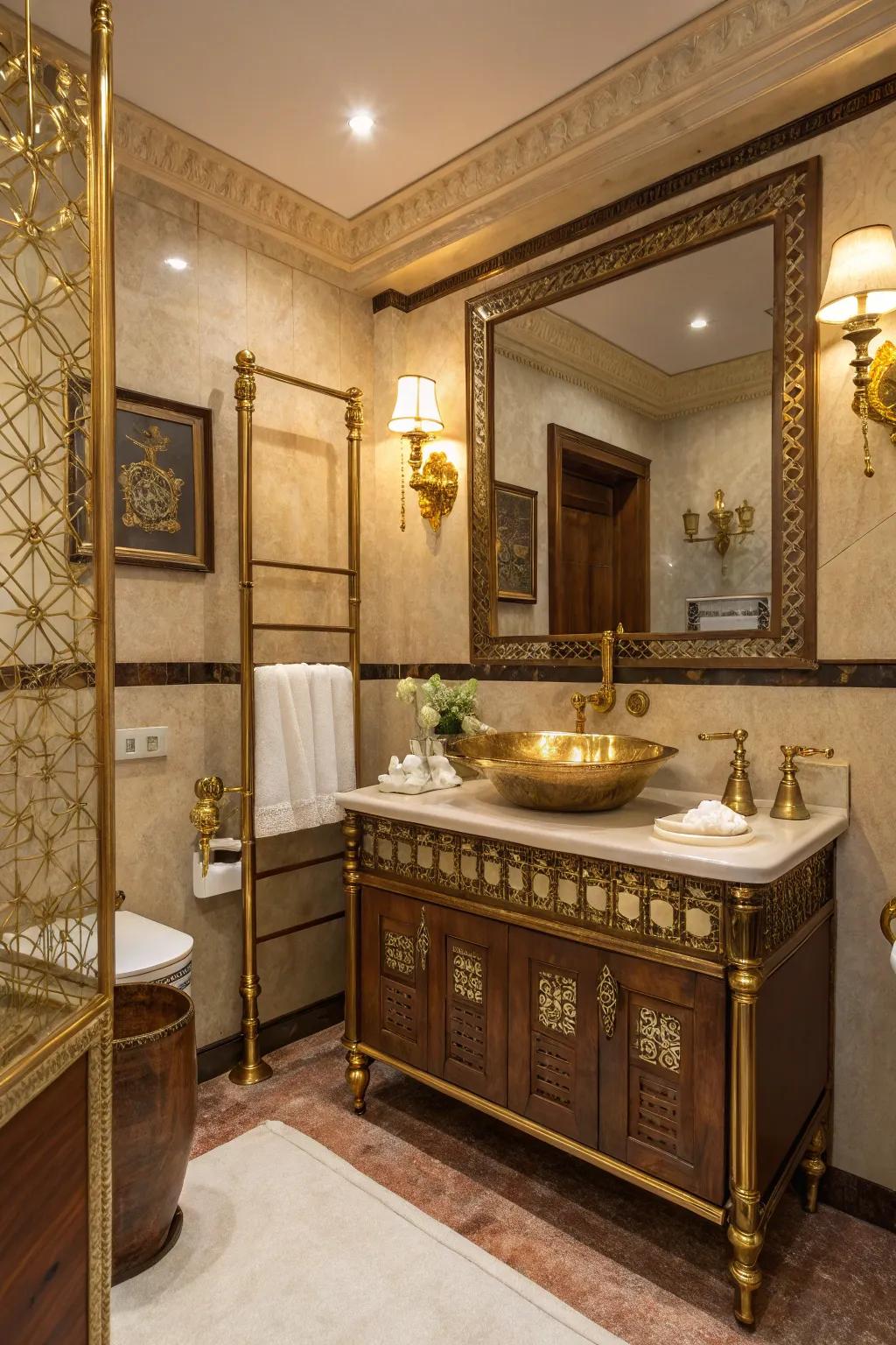 Metallic accents impart a contemporary edge to an otherwise classic bathing area layout.