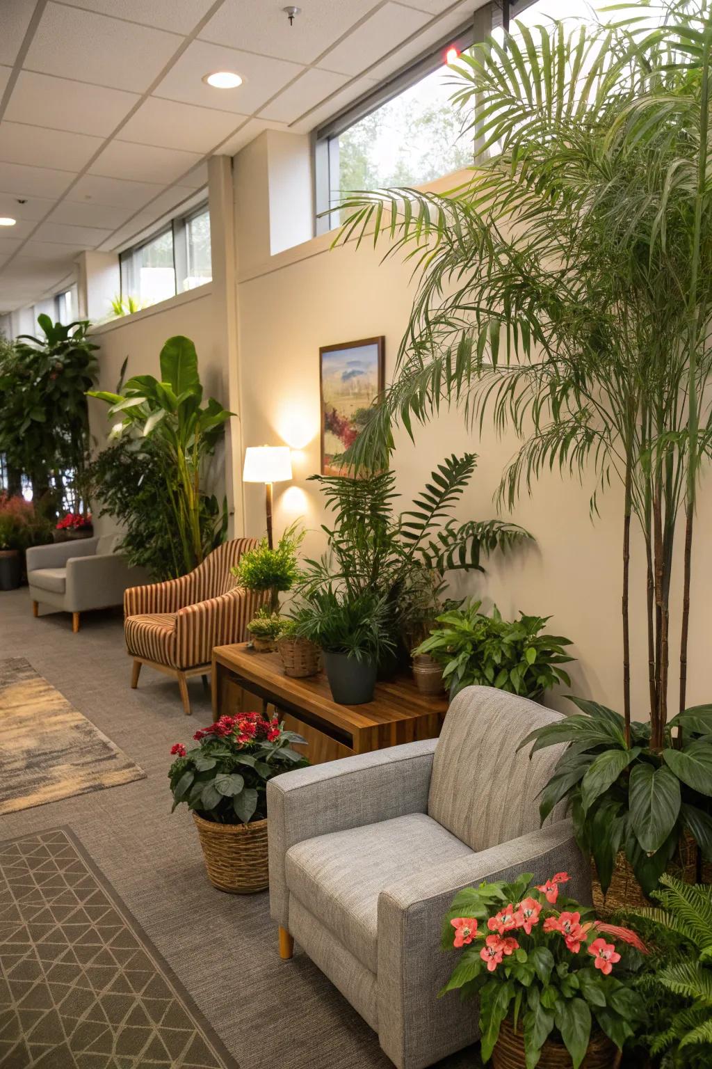 Abundant plant life enriches the serene ambiance of this break room.