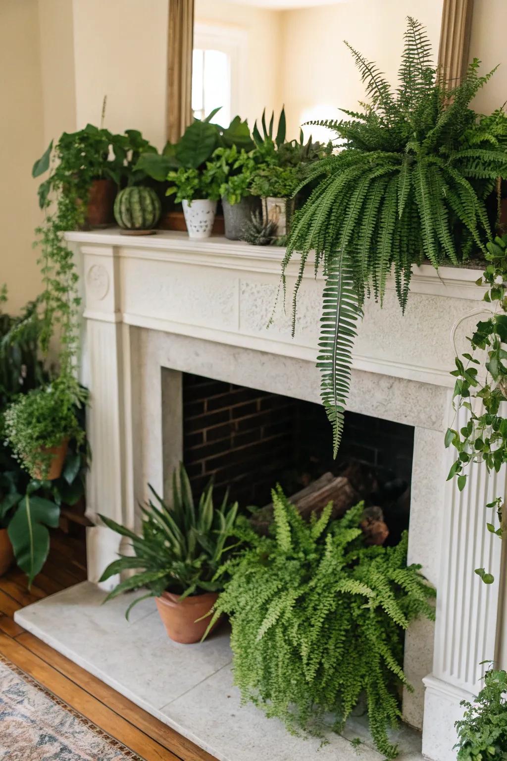 Invite nature indoors with a fireplace brimming with greenery.