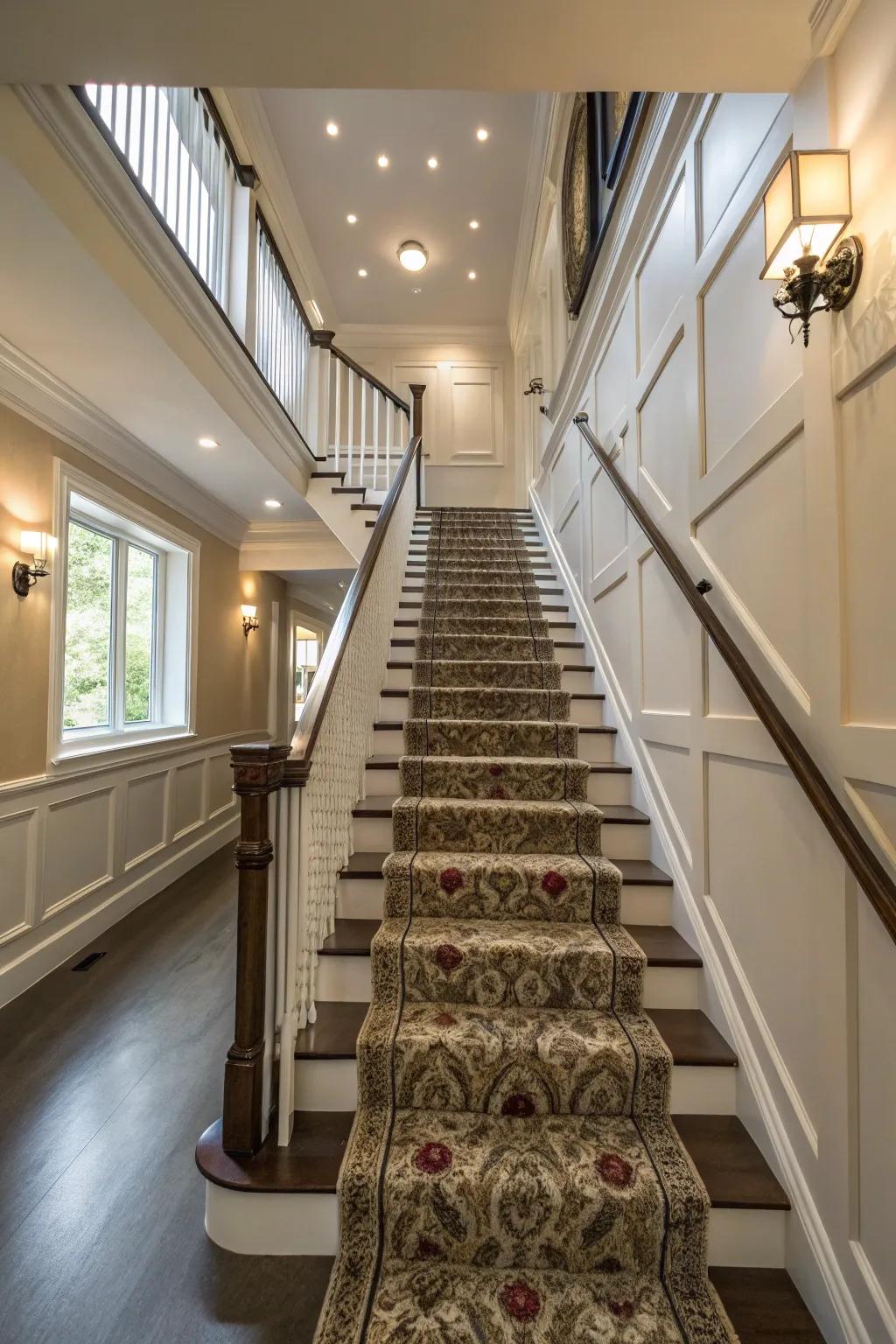 Carpet runners contribute both comfort and style to stairways.