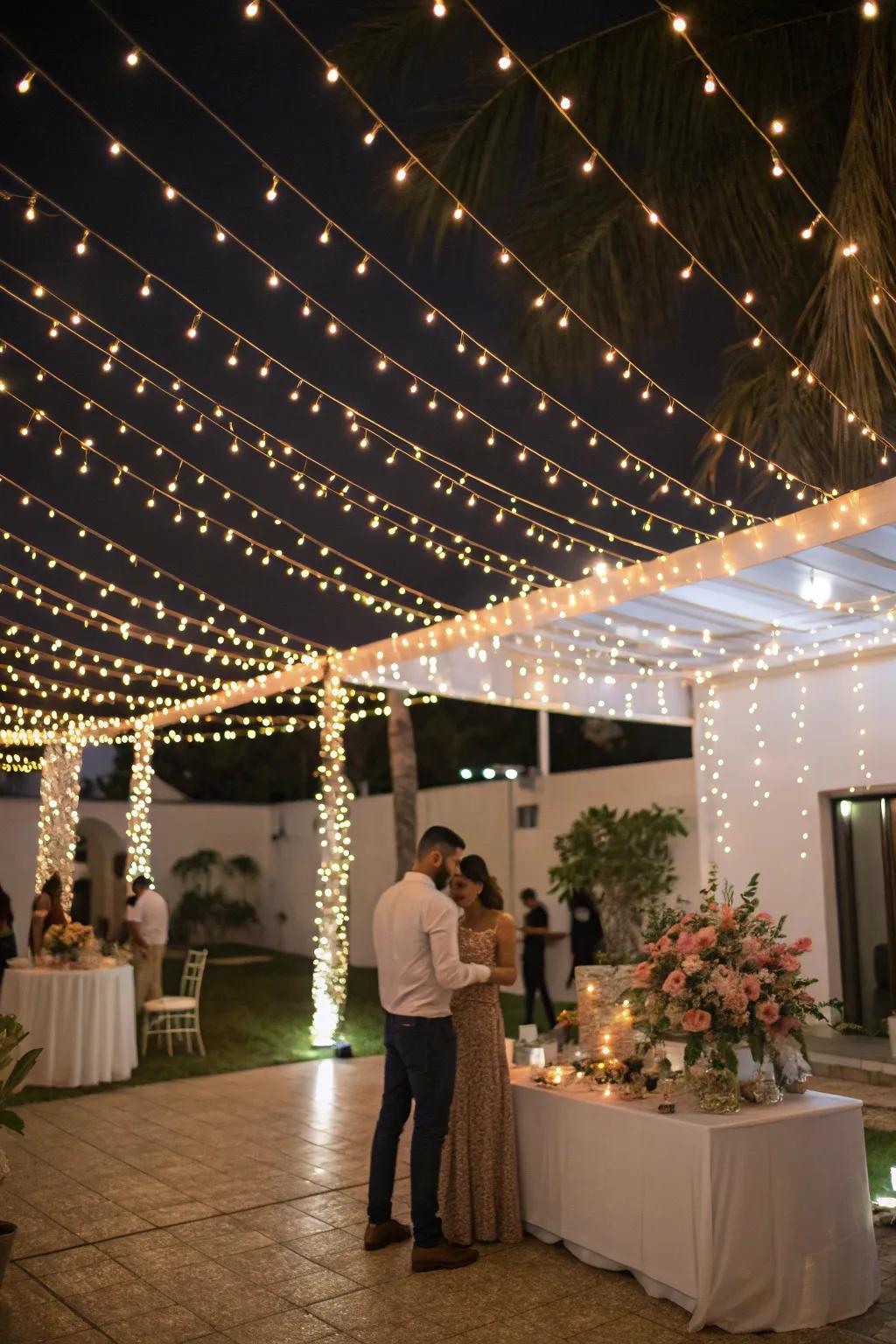 String lights bathing an engagement celebration in a cozy radiance.