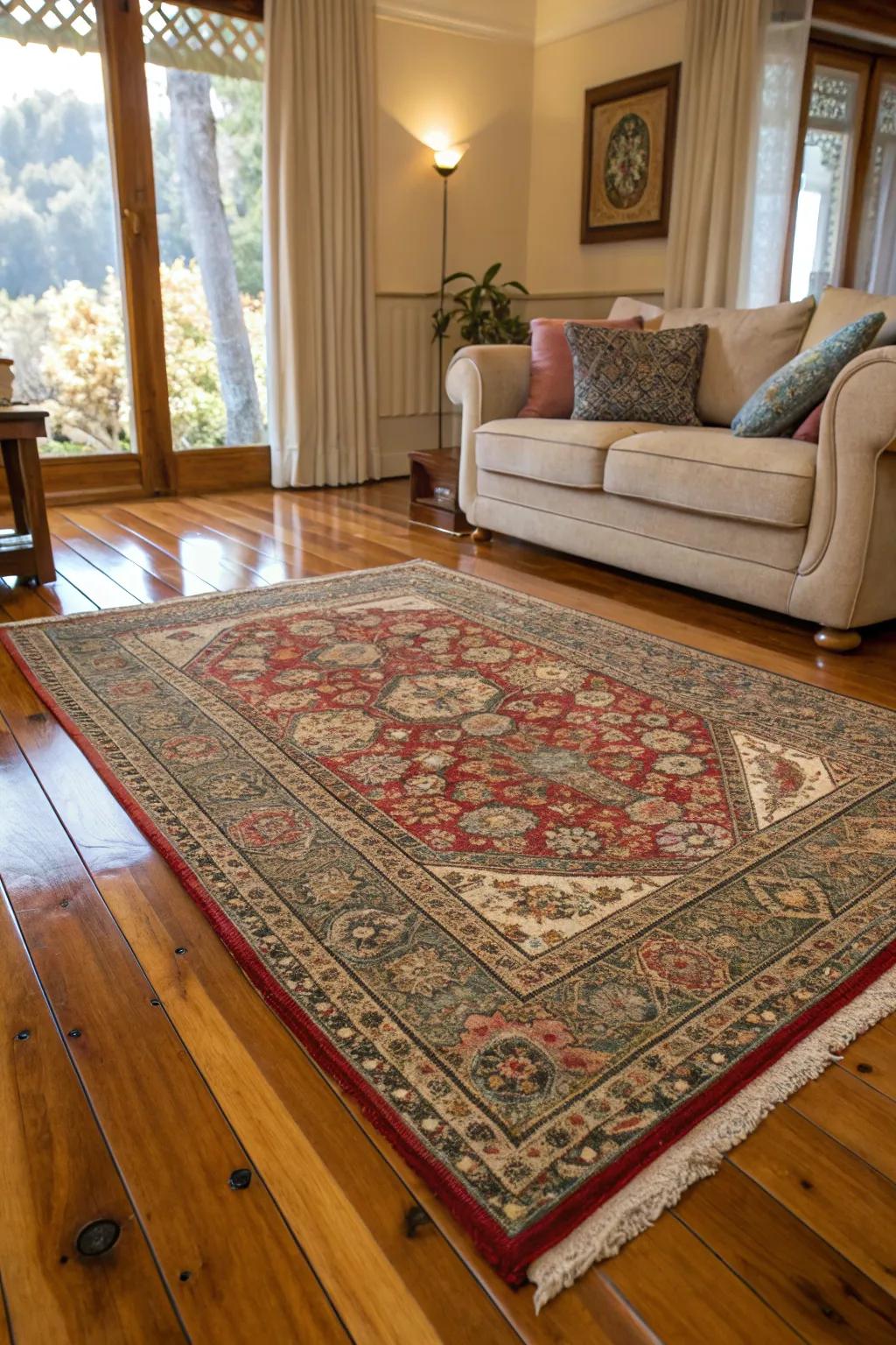 Patterned rugs impart warmth and texture to the ambiance.