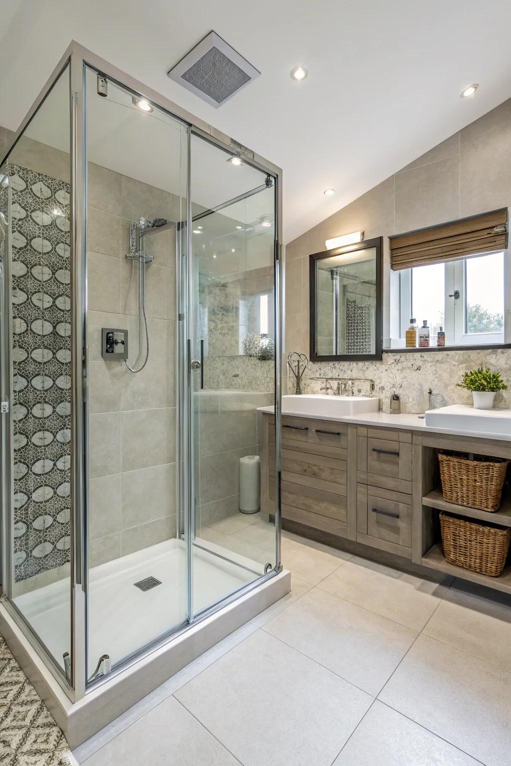 A walk-in shower with glass doors adds elegance and space to an ensuite.