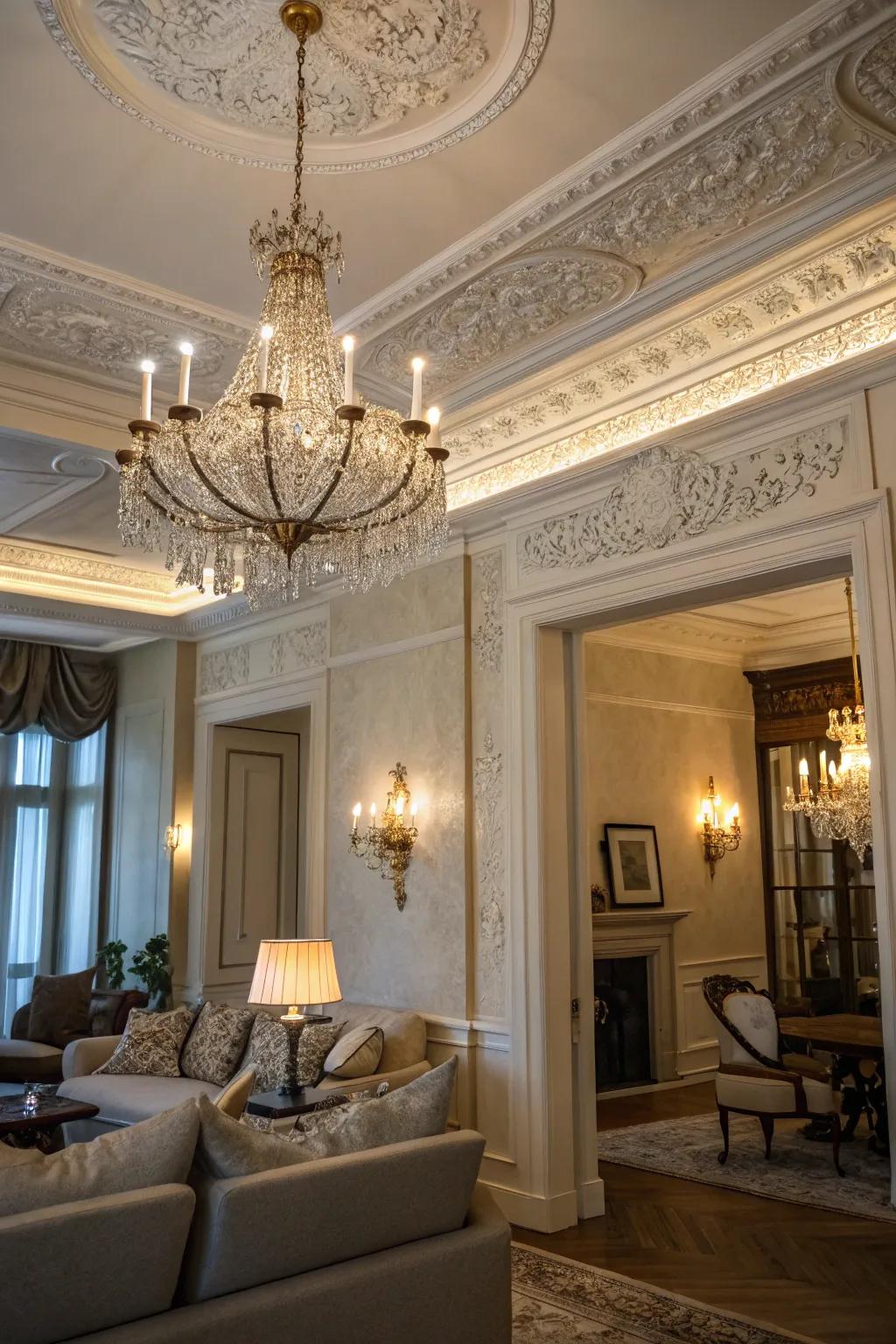 Ornamental accents enhance the elegance of this European-inspired living room.