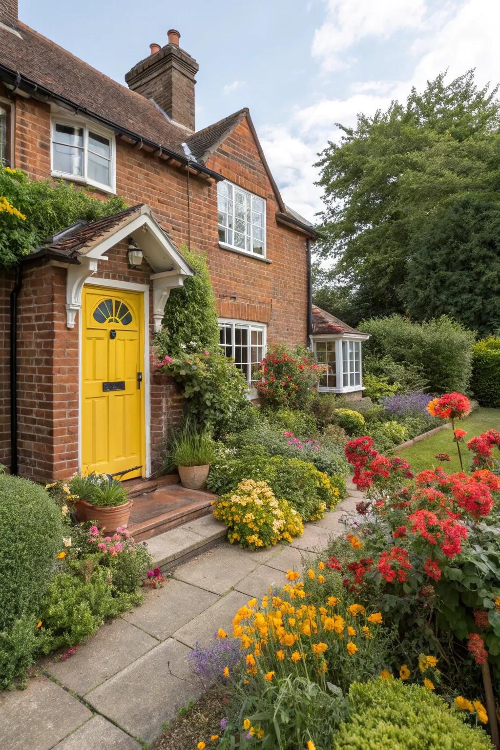 A vibrant front door bestows individuality upon your brick house.
