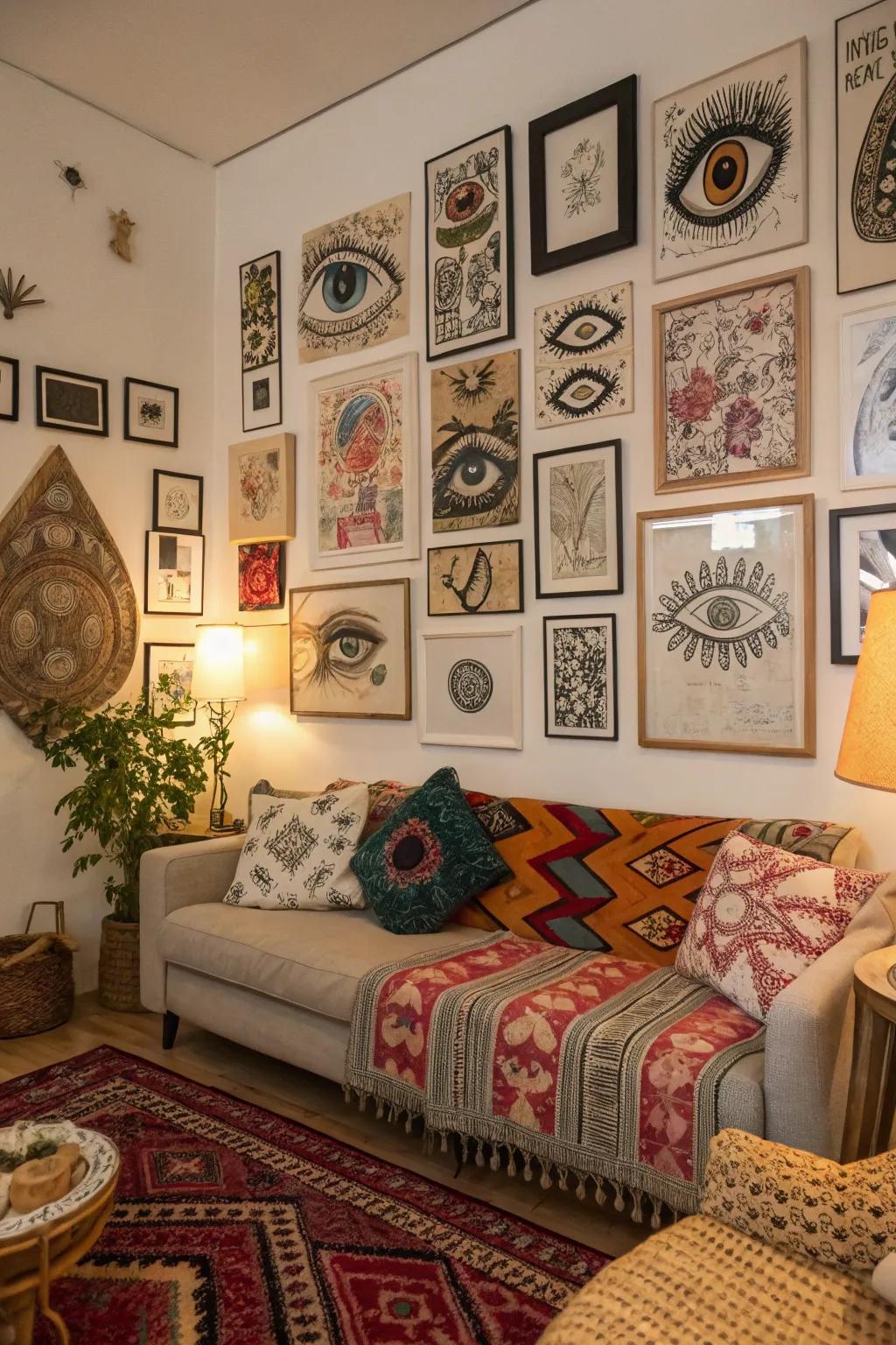 A lively collage showcasing diverse eye art approaches, revolutionizing a blank wall into a visual highlight.