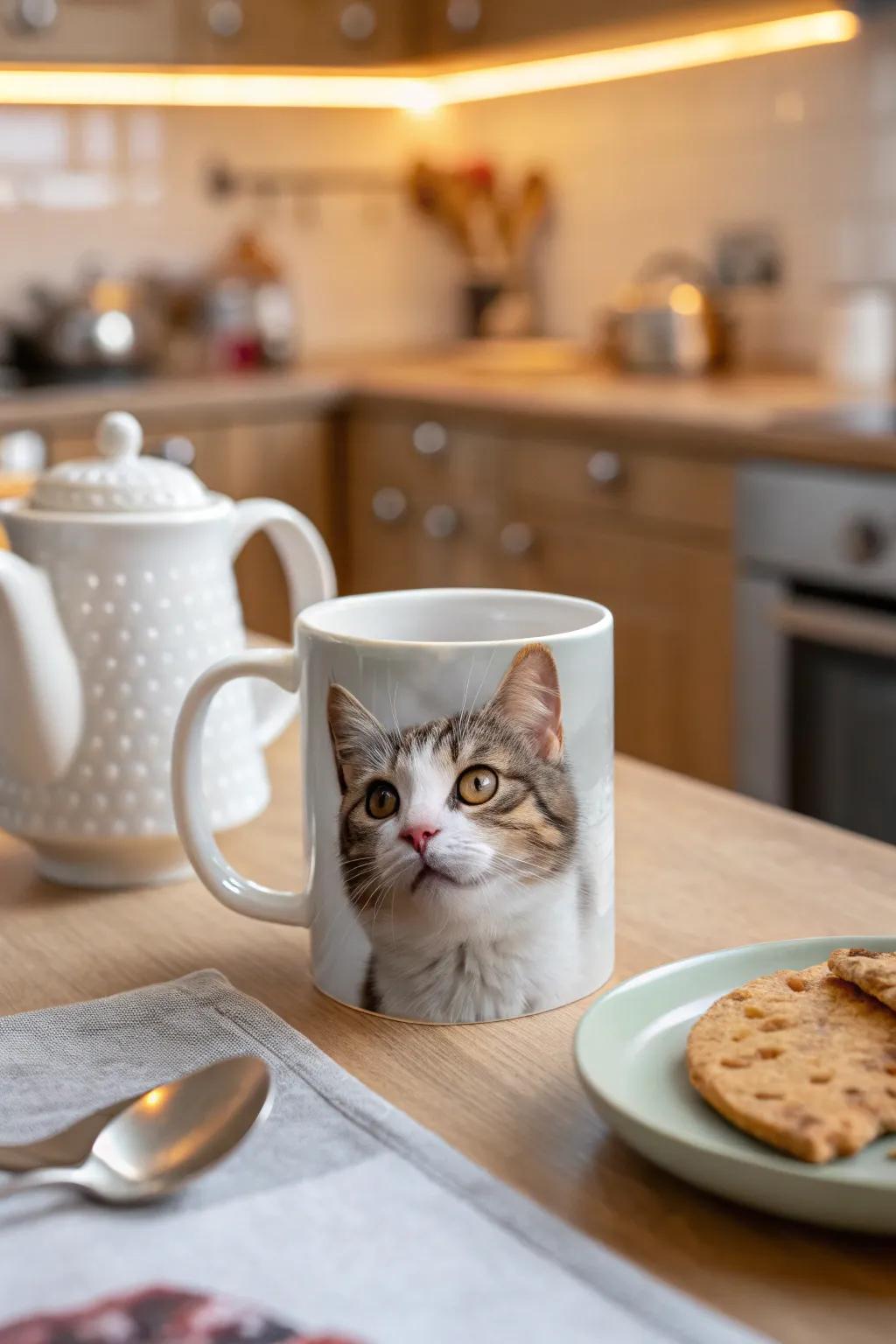 A personalized face mug showcasing your treasured pet's face.