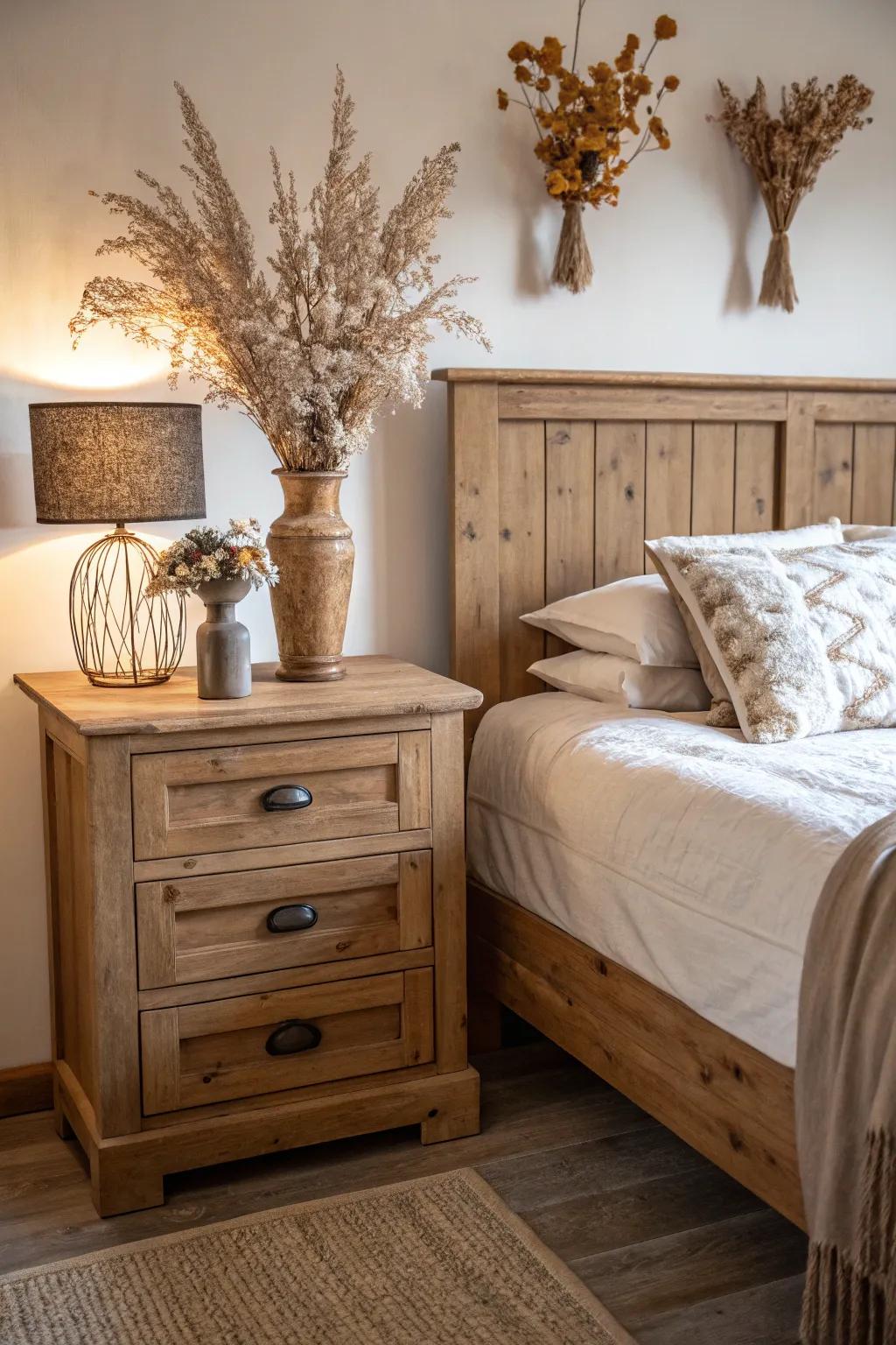 Organic components such as lumber and dehydrated flora heighten the autumnal atmosphere.