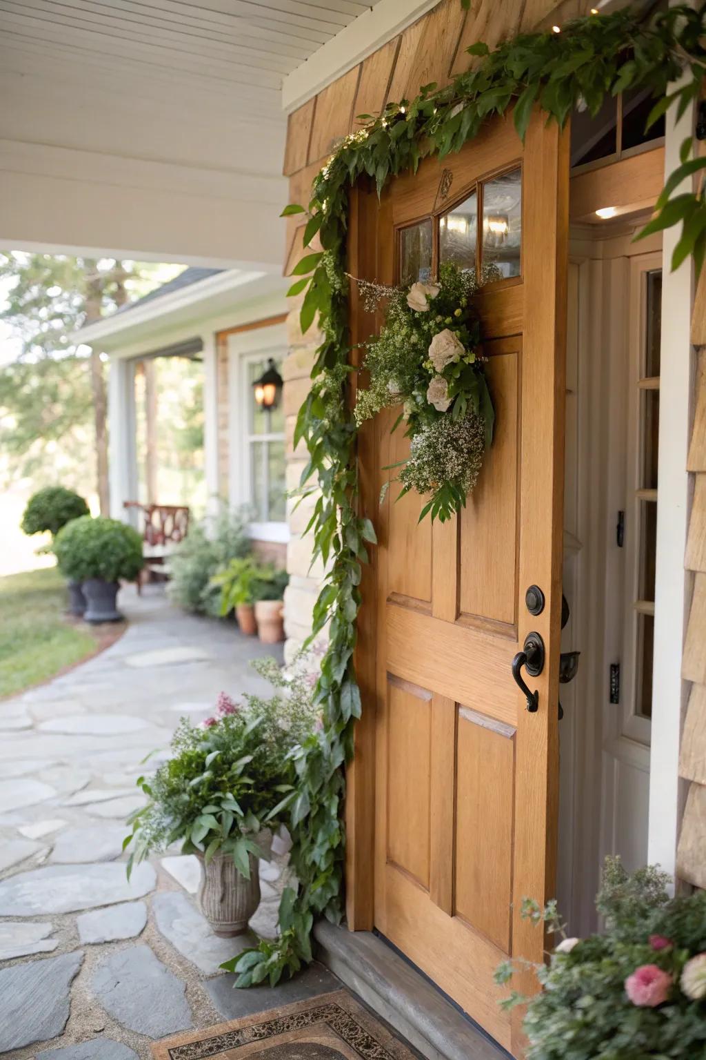 A rich garland of autumn leaves embellishes the entrance.